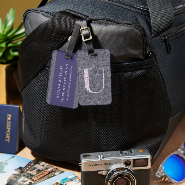 Étiquette À Bagage LETTRE MONOGRAPHIQUE Florale Classique U violet fo (Recto & Verso)