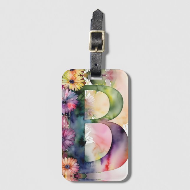 Étiquette À Bagage LETTRE PERSONNALISÉE B SAISON Aquarelle Florale (Devant Vertical)