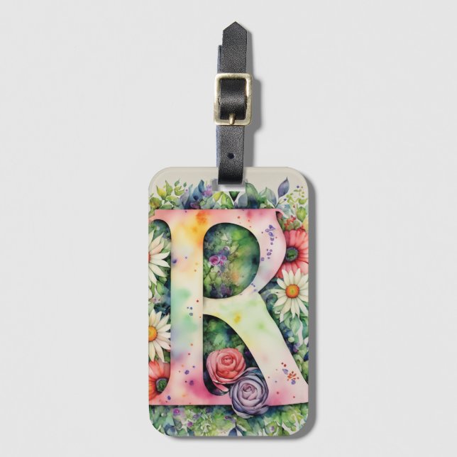 Étiquette À Bagage Lettre personnalisée R Daisy Floral Aquarelle (Devant Vertical)