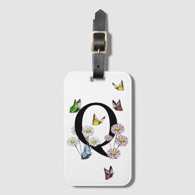 Étiquette À Bagage Lettre Q Floral Butterfly Monogramme initial (Devant Vertical)