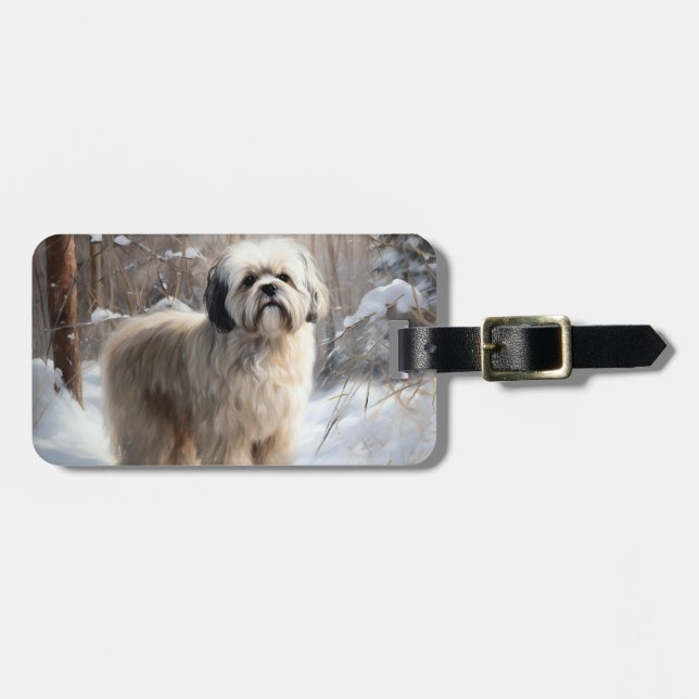 Étiquette À Bagage Lhassa Apso Laisse Neige Noël (Devant horizontal)