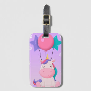 Étiquette À Bagage Licorne et ballons lilas mignons assis