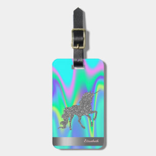 Étiquette À Bagage Licorne Pailletée Argent Moderne, Holographique