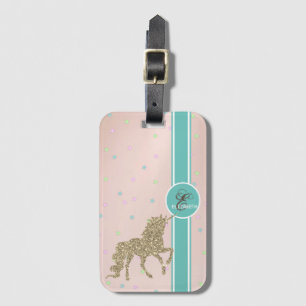 Étiquette À Bagage Licorne Paillettes Dorées, Monogramme Étoiles Colo