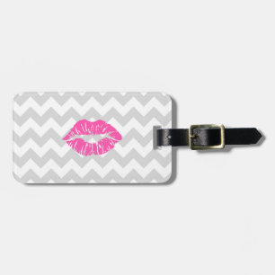 Étiquette À Bagage Lieutenant Gray White Chevron, Pink Lipstick Kiss