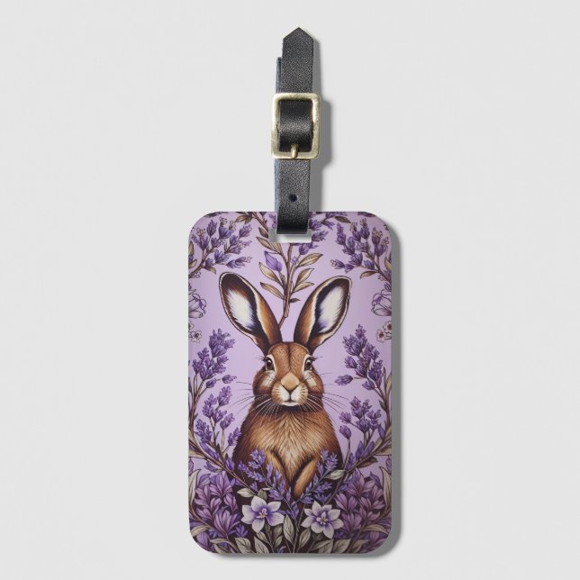 Étiquette À Bagage Lièvre mignon Avec Lavender William Morris Inspiré (Devant Vertical)