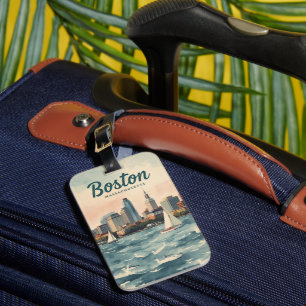 Étiquette À Bagage Ligne d'horizon rétro de Boston avec voiliers Ma