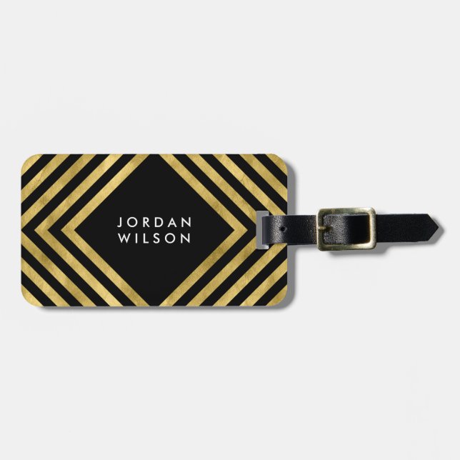 Étiquette À Bagage Lignes géométriques élégantes Black Faux Gold (Devant horizontal)