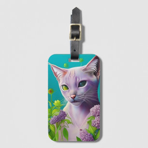 Étiquette À Bagage Lilac Chat Siamese en fleurs Lilac sur Turquoise
