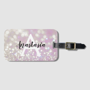 Étiquette À Bagage Lilac Girly Paillettes Monogramme Nom