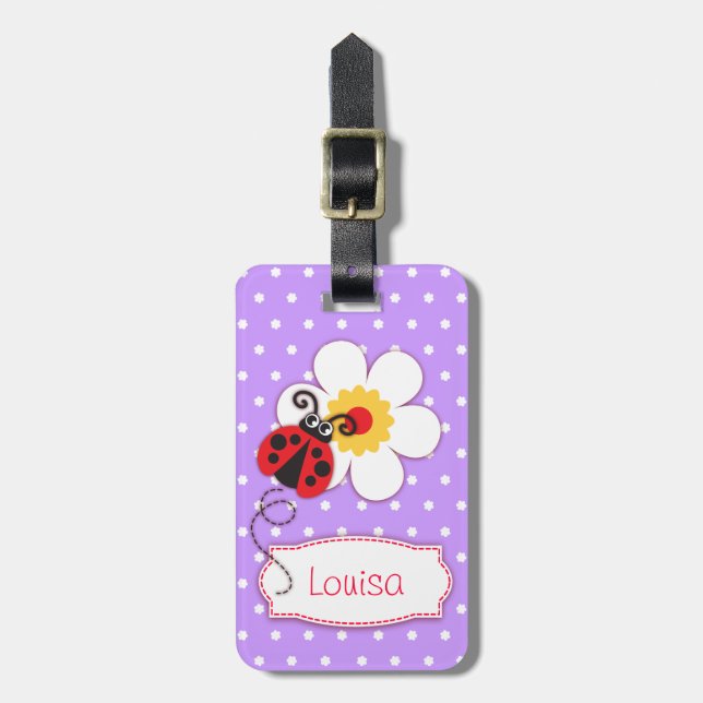 Étiquette À Bagage Lilac rouge ladybug & pois nommé étiquette de baga (Devant Vertical)