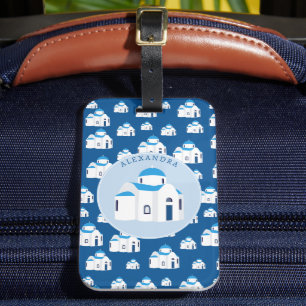 Étiquette À Bagage L'île grecque Santorin Blue Dome Eglise Monogramme