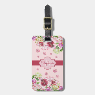 Étiquette À Bagage Lily Peony Floral Blush Pink Monogramme rose