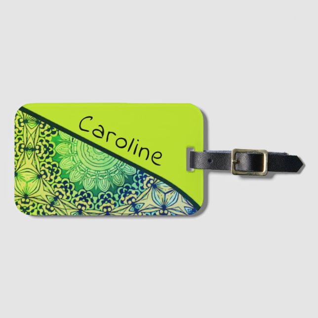 Étiquette À Bagage Lime vert et bleu Whimsical Boho Mandala Art (Devant Horizontal)