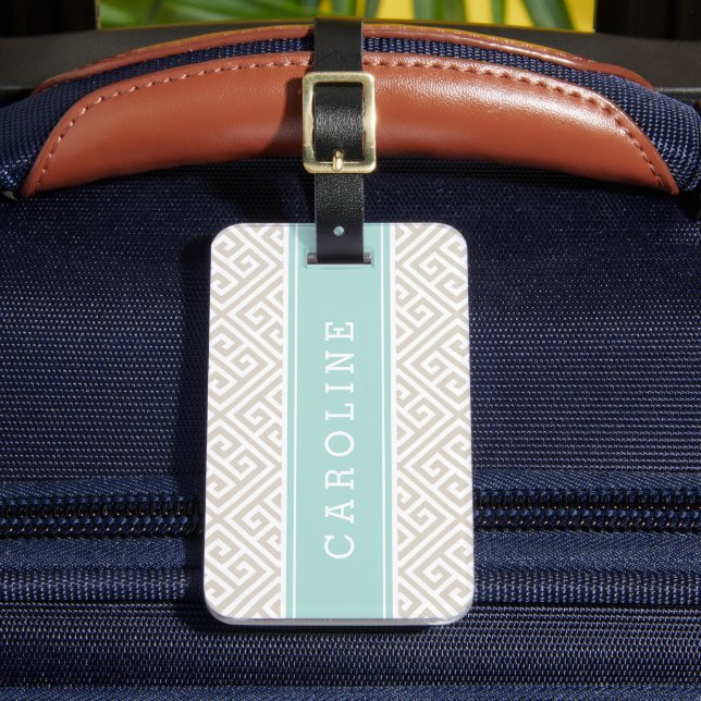 Étiquette À Bagage Linge Beige et Mint Clé grecque Monogramme personn (Insitu Rectoal 2)