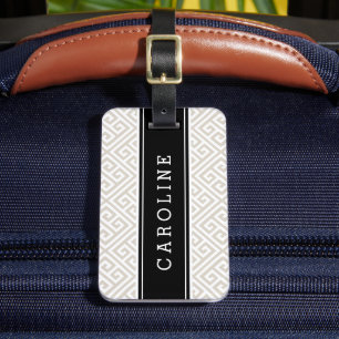 Étiquette À Bagage Linge Beige et noir Clé grecque Monogramme personn