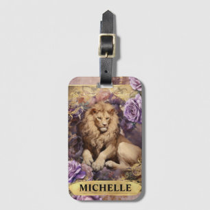 Étiquette À Bagage Lion romantique et roses violettes Fantaisie