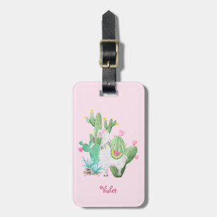 Étiquette À Bagage Llama & Cactus Rose Pâle Personnalisé