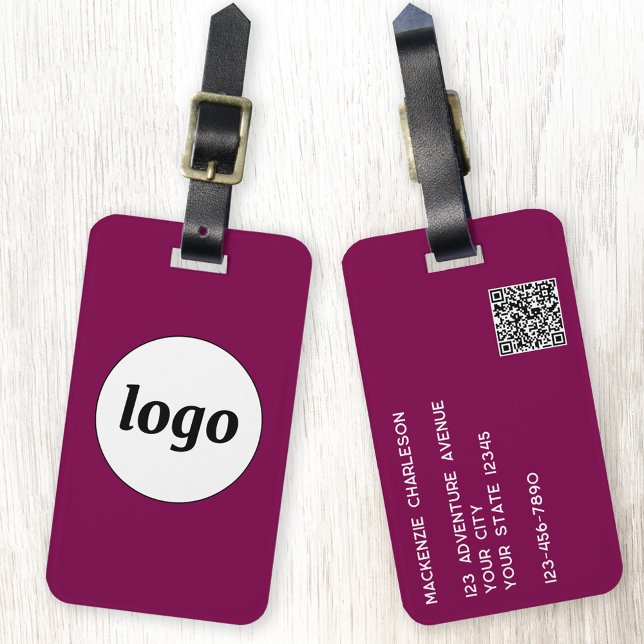 Étiquette À Bagage Logo Code QR Business Magenta Pink (Simple logo QR code custom business branding promotional luggage tag in dark magenta pink burgundy)
