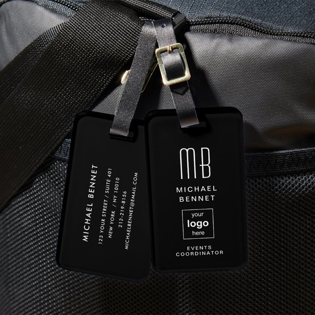Étiquette À Bagage Logo d'entreprise Monogramme moderne professionnel (Custom Logo Monogrammed Black Luggage Tag)