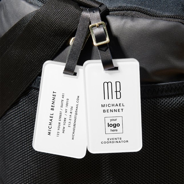 Étiquette À Bagage Logo d'entreprise Monogramme Moderne Professionnel (Custom Logo Monogrammed White Luggage Tag)