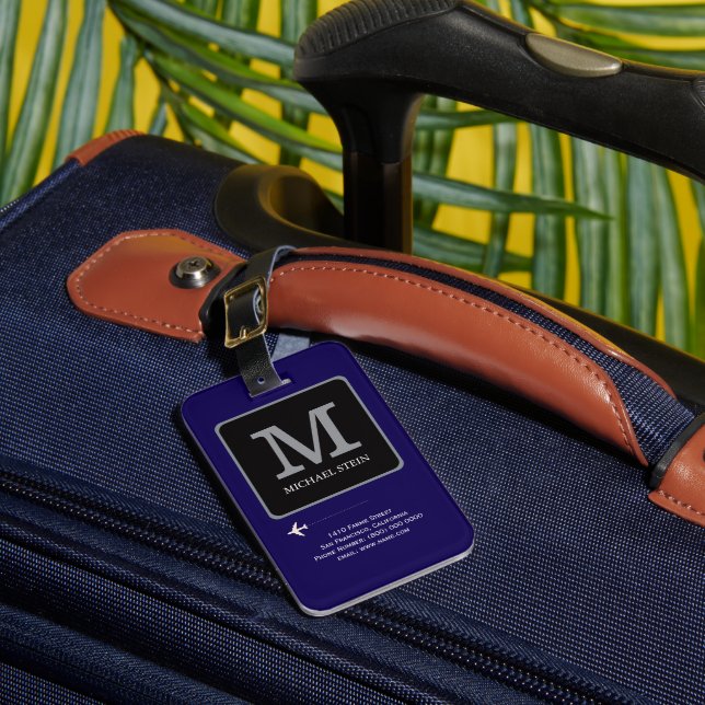 Étiquette À Bagage Logo moderne. Monogramme de voyage bleu (Insitu Rectoal 1)