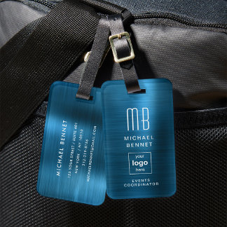 Étiquette À Bagage Logo Personnalisé Monogramme Bleu Faux Métal Bross