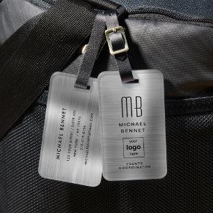 Étiquette À Bagage Logo Personnalisé Monogrammé Gris Argent Métal Bro