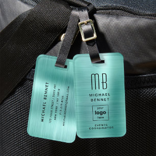 Étiquette À Bagage Logo Personnalisé Monogrammé Turquoise Vert Brossé