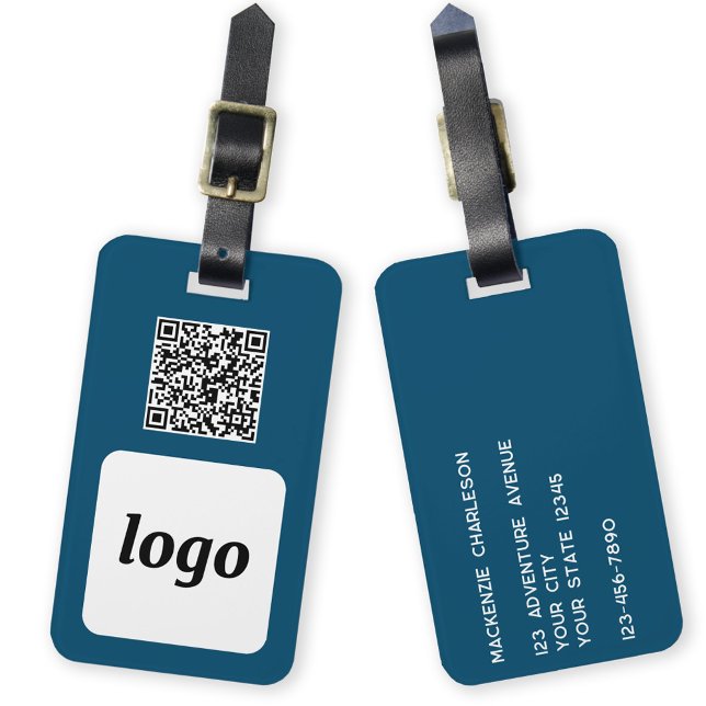 Étiquette À Bagage Logo QR Code Turquoise Green Business Promotion (Simple logo with QR code and custom text business branding promotional teal green luggage tag)
