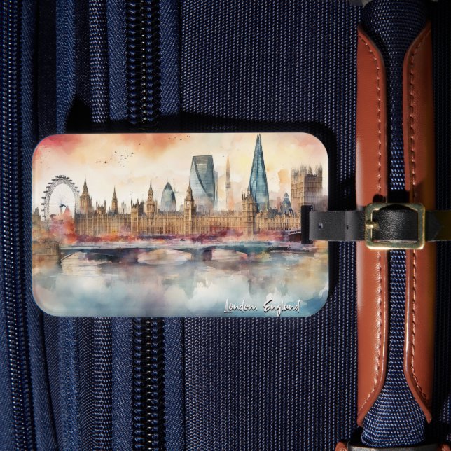 Étiquette À Bagage Londres Angleterre City Silhouette Aquarelle Peint (Insitu Rectoal 4)