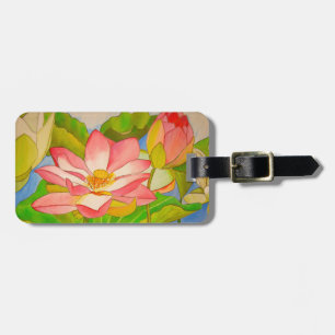Étiquette À Bagage Lotus rose nénuphar aquarelle peinture