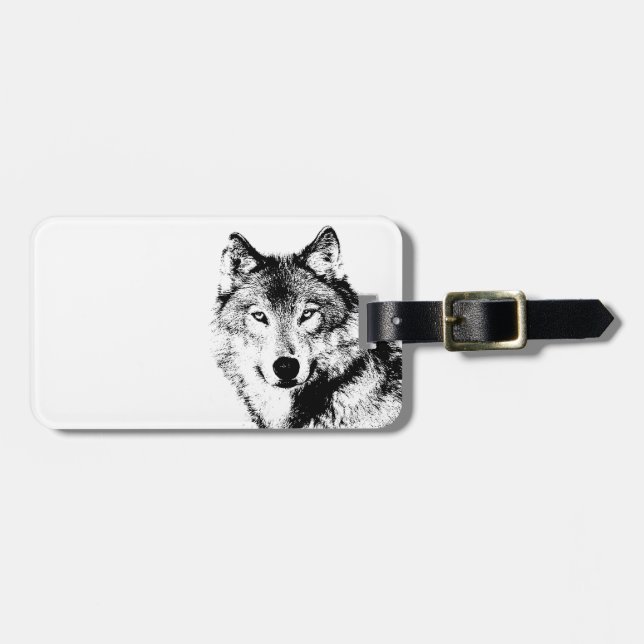 Étiquette À Bagage Loup noir et blanc (Devant horizontal)