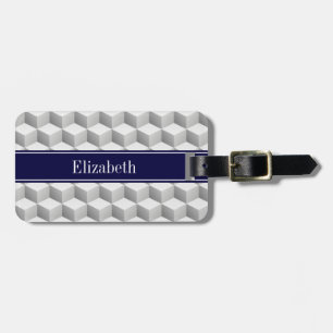 Étiquette À Bagage Lt Grey Whi 3D Look Cubes Marine Blue Nom Monogram
