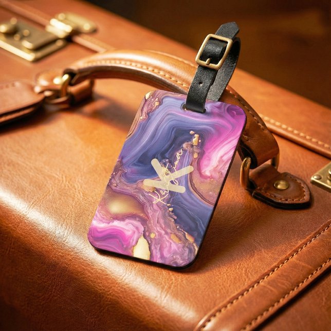 Étiquette À Bagage Luxury Purple & Gold Agate Marble Alcohol Ink (Créateur téléchargé)