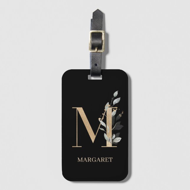 Étiquette À Bagage M Monogramme Floral Personnalisé (Devant Vertical)