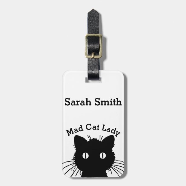 Étiquette À Bagage Madame folle chat noir Personnalised de chat (Devant Vertical)