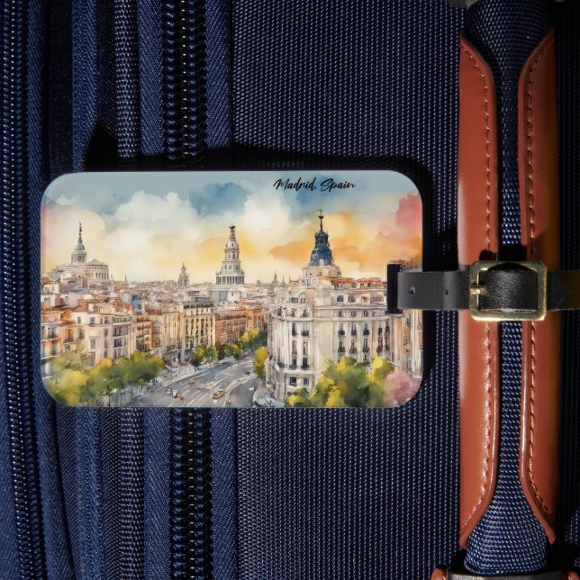Étiquette À Bagage Madrid Espagne Ville Silhouette Aquarelle Peinture (Insitu Rectoal 4)