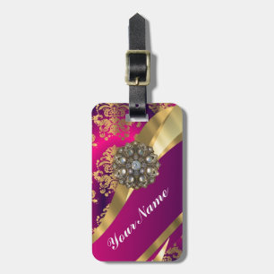 Étiquette À Bagage Magenta de roses indien et damassé d'or