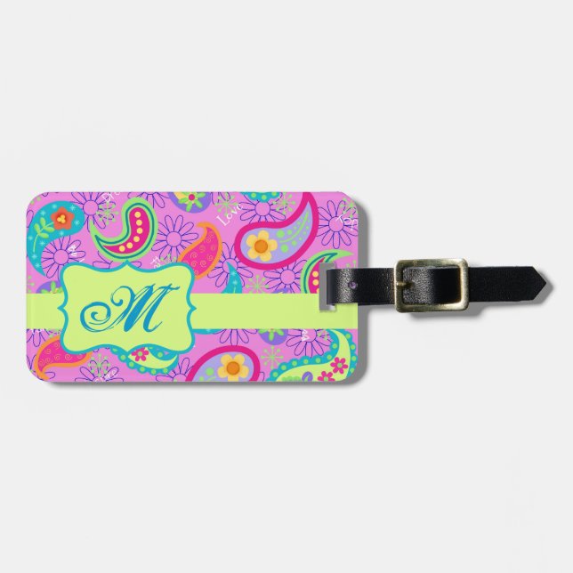 Étiquette À Bagage Magenta Rose Vert moderne Motif Paisley (Devant horizontal)