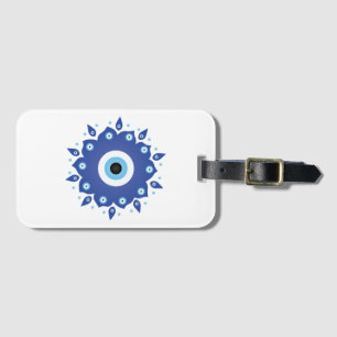 Étiquette À Bagage Mandala Grec Mal Oeil Bleu Blanc