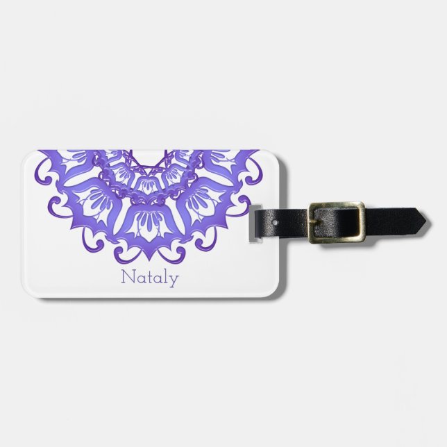 Étiquette À Bagage Mandala violet floral. Nom (Devant horizontal)