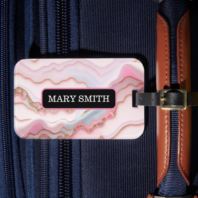 Étiquette À Bagage Marbre Agate Moderne Bleu Rose Collection Or (Insitu Rectoal 4)
