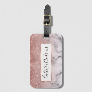 Étiquette À Bagage Marbre blanc de Parties scintillant rose Gold Sequ