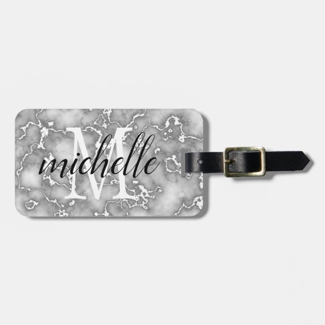 Étiquette À Bagage Marbre blanc élégant | Monogramme personnalisé (Devant horizontal)