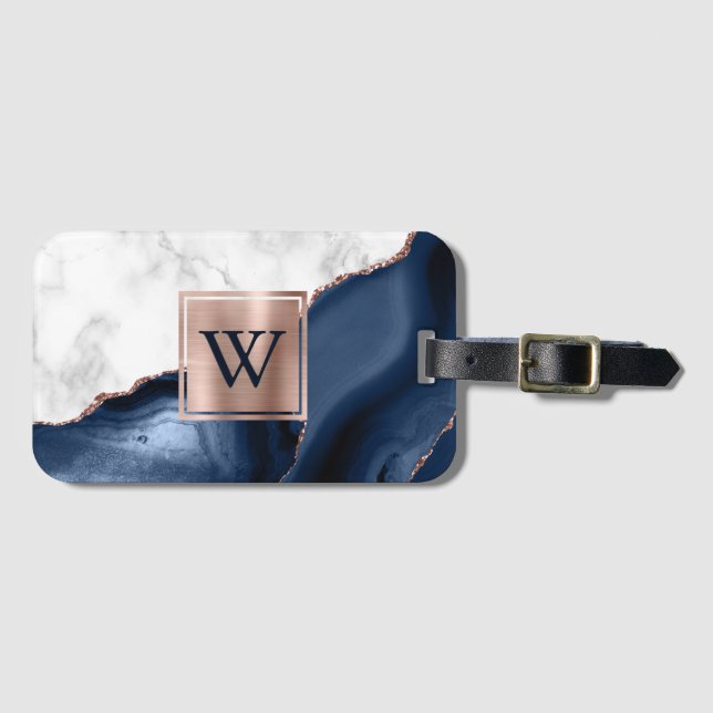 Étiquette À Bagage Marbre blanc Rose Gold Marine Blue Agate Monogramm (Devant Horizontal)