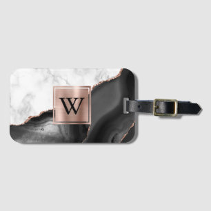 Étiquette À Bagage Marbre blanc Rose or noir Agate Monogramme