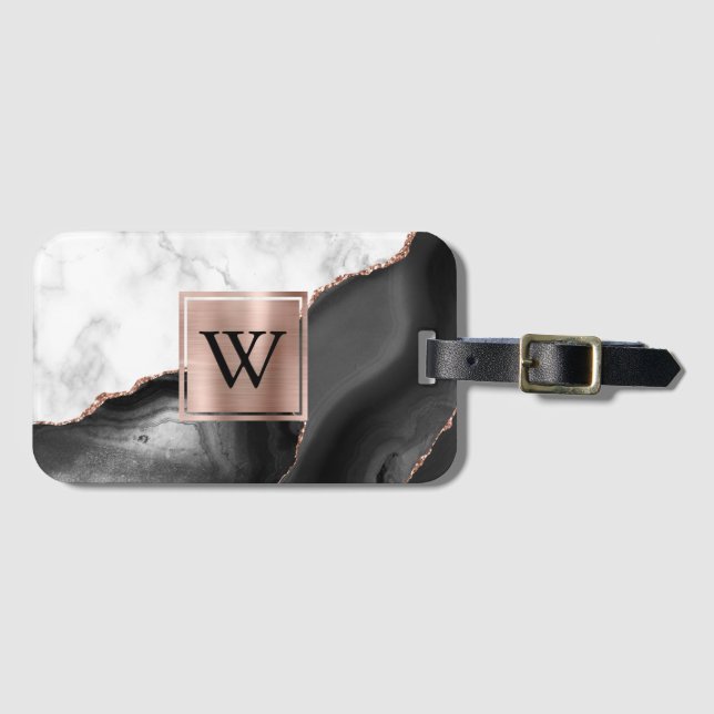 Étiquette À Bagage Marbre blanc Rose or noir Agate Monogramme (Devant Horizontal)