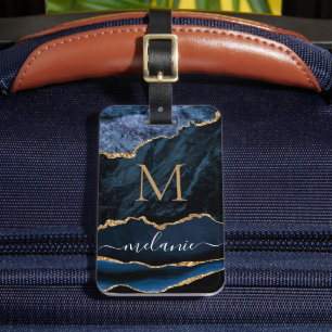 Étiquette À Bagage Marbre bleu marine or Votre lettre Nom Bagage Bali