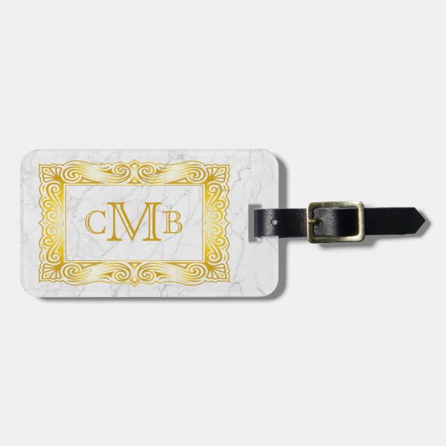 Étiquette À Bagage Marbre élégant de blanc de cadre de monogramme (Devant horizontal)